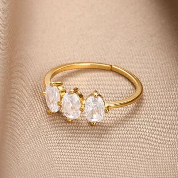 NEW Dainty Three Oval Cristal Ring 14K Gold Plated Adjustable Fairy - Picture 3 of 7